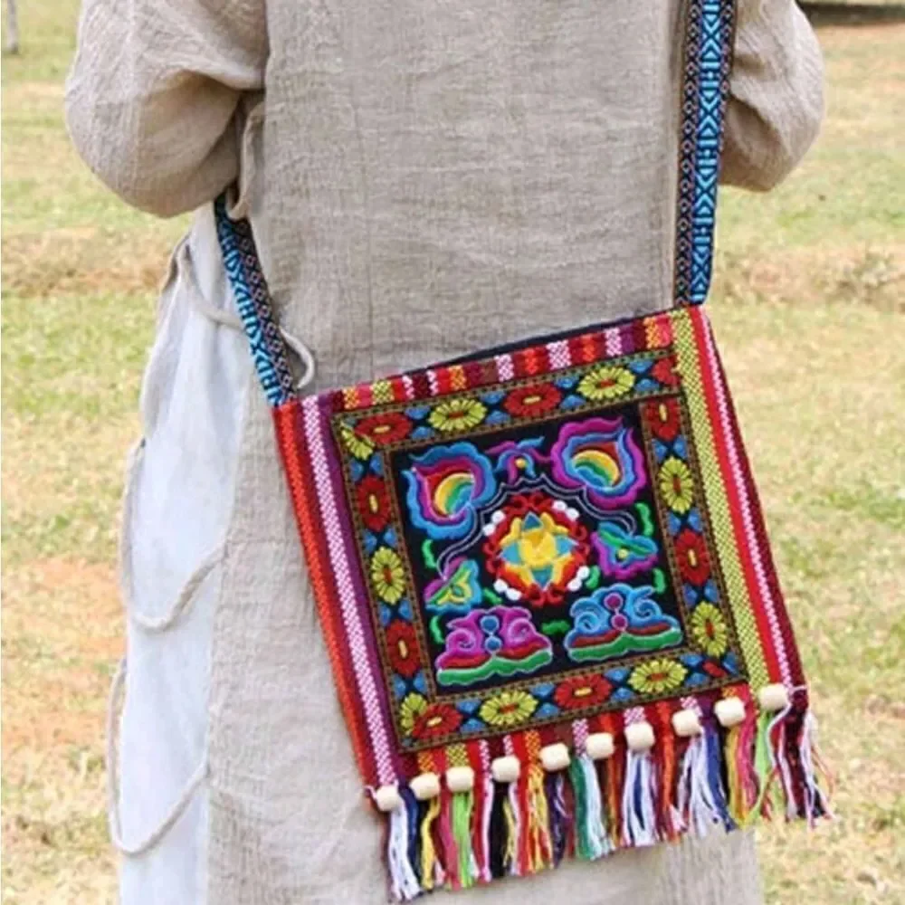 Gypsy Hobo Quilted Embroidered Color Block Tassel Messenger Crossbodty Bag Purse